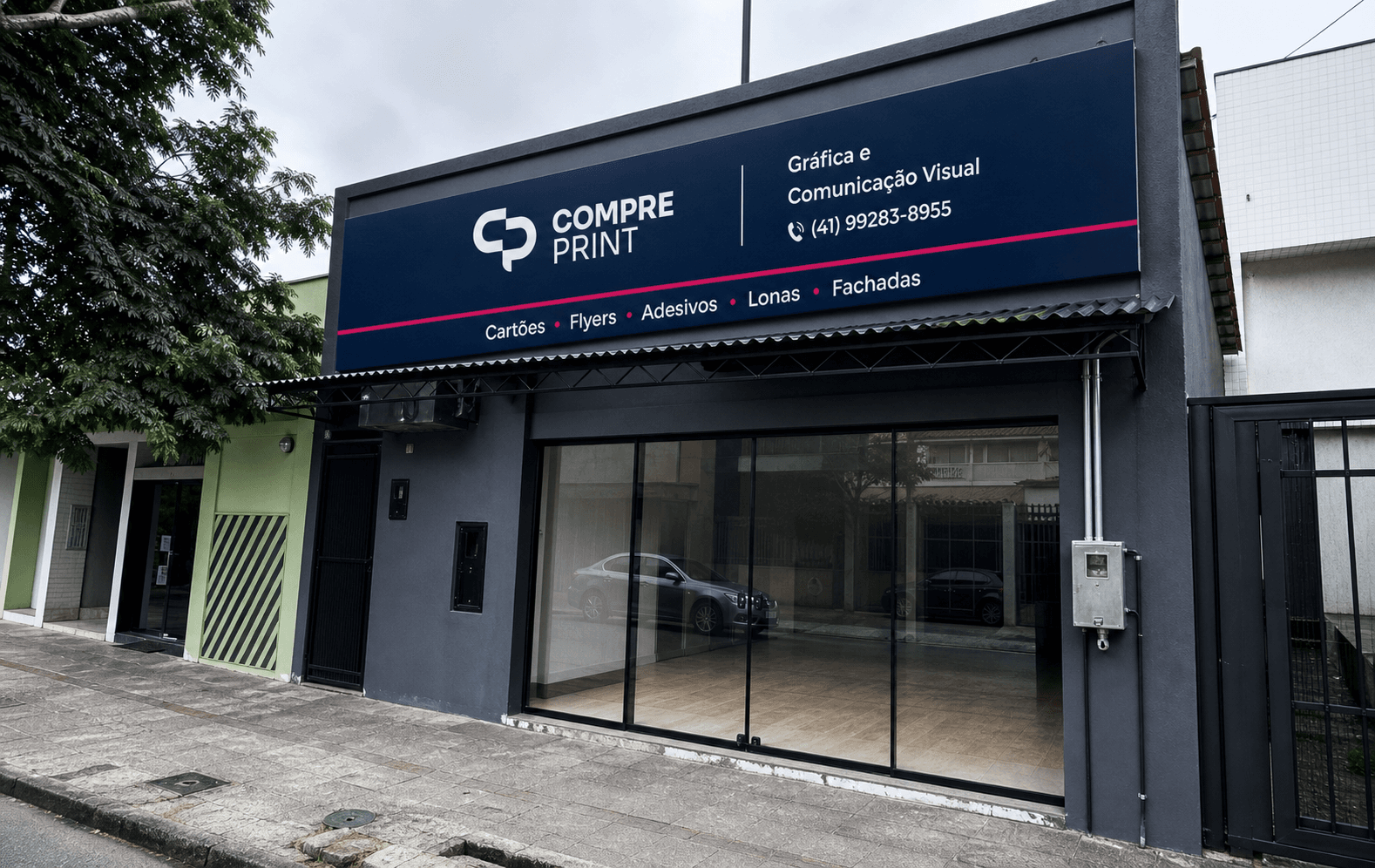 Preview visual de fachada em lona gerado para a Compre Print