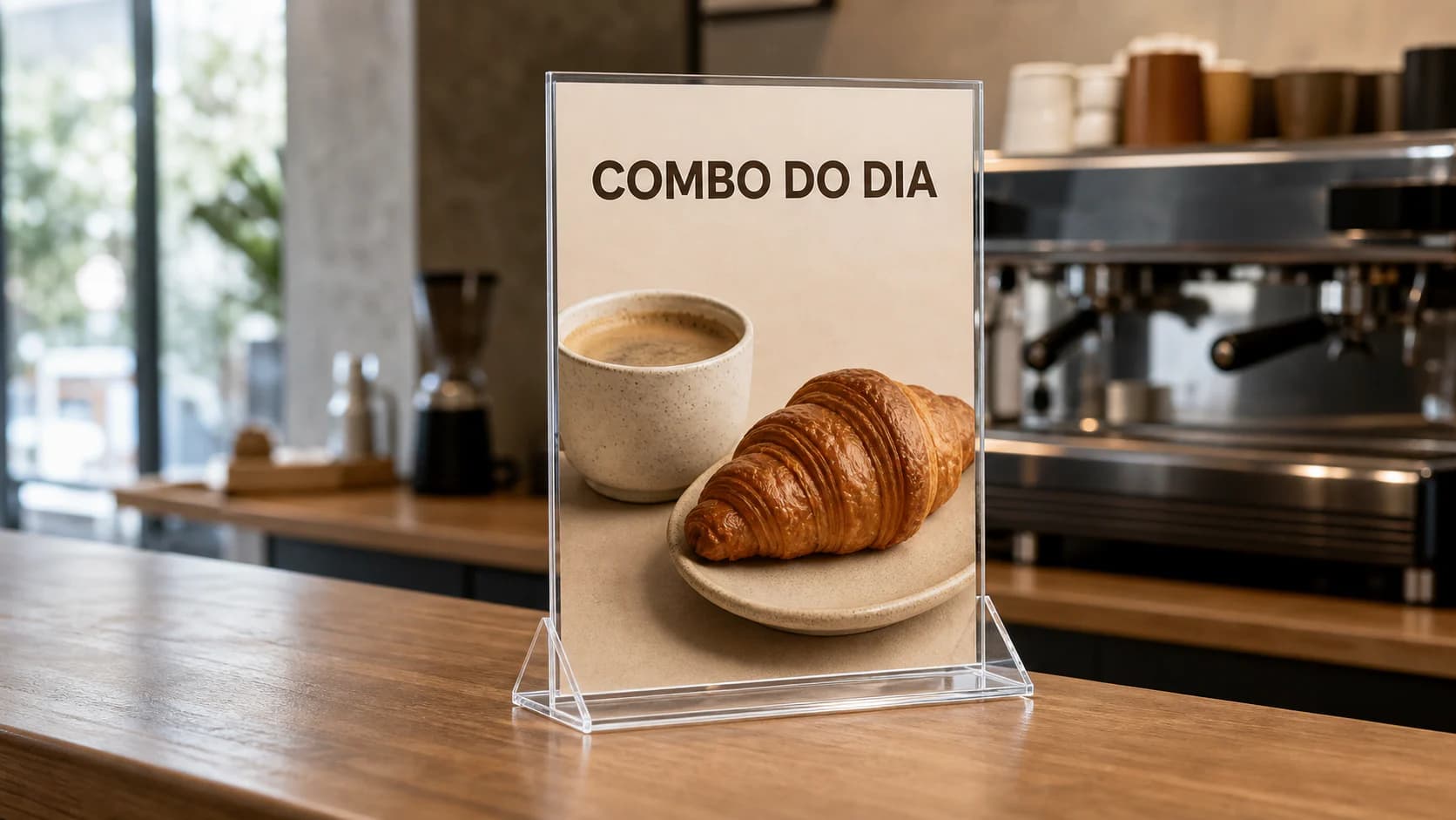 Display de mesa em acrílico com oferta curta sobre balcão de cafeteria