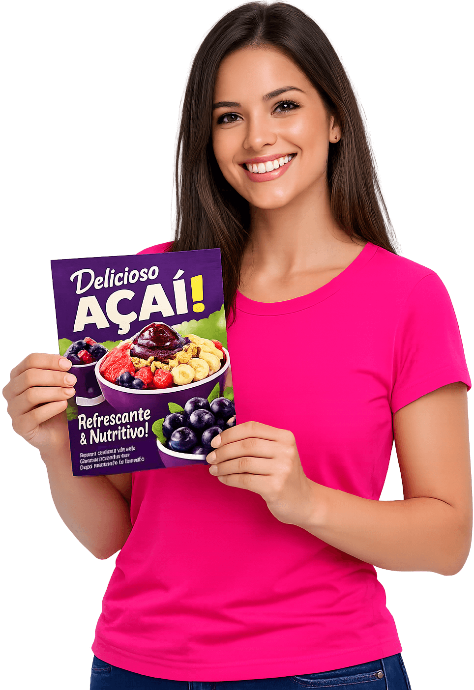 Atendente da Compre Print segurando um panfleto de açaí impresso